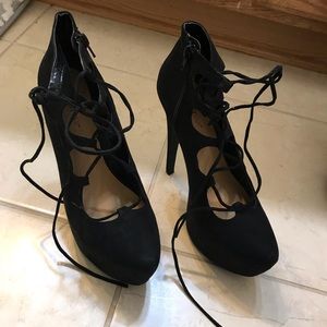 Black suede tie up platform heels